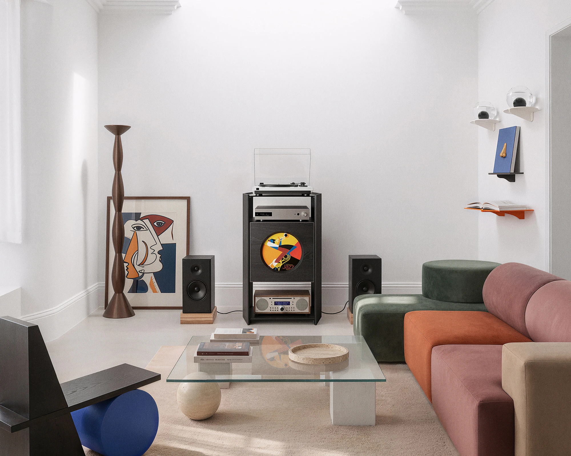 Picasso record player stand in a bright living room with a colorful sofa
